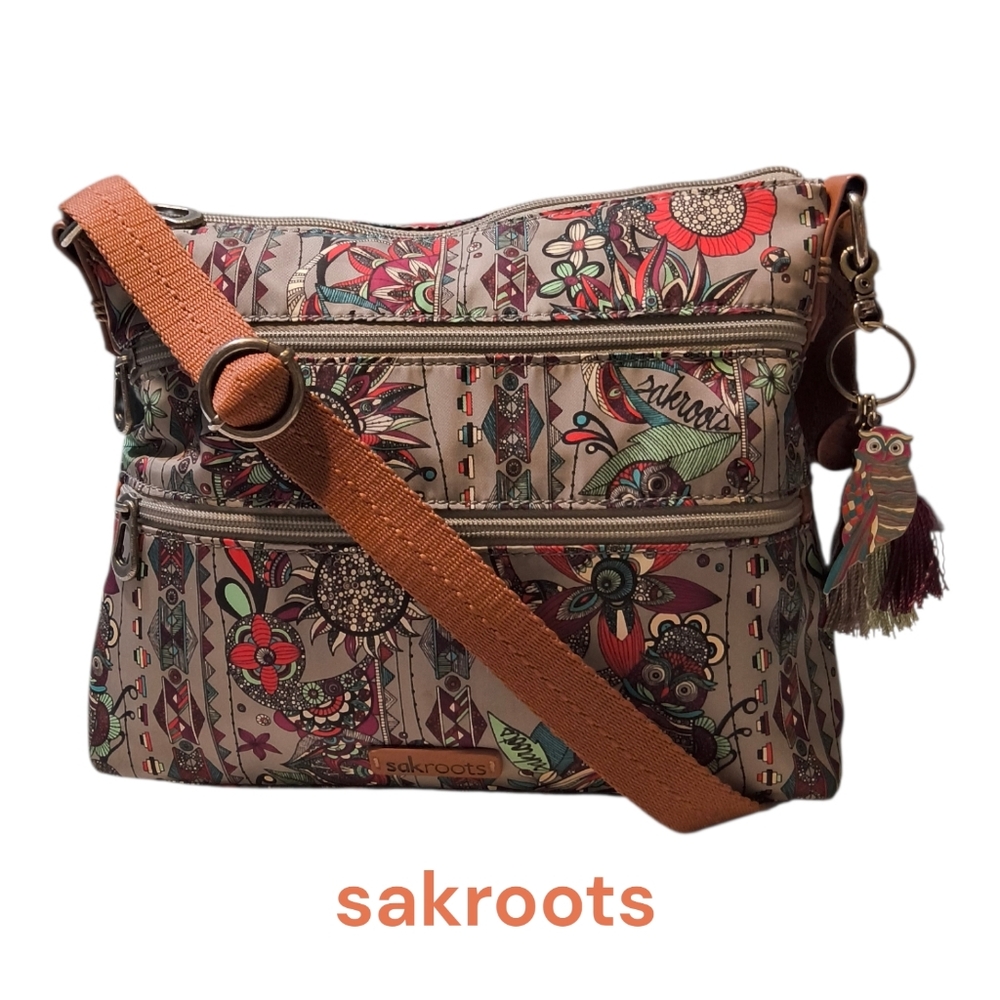 Sakroots Owl Multicolor Artist Circle Crossbody Bag with Owl Charm - Whimsical